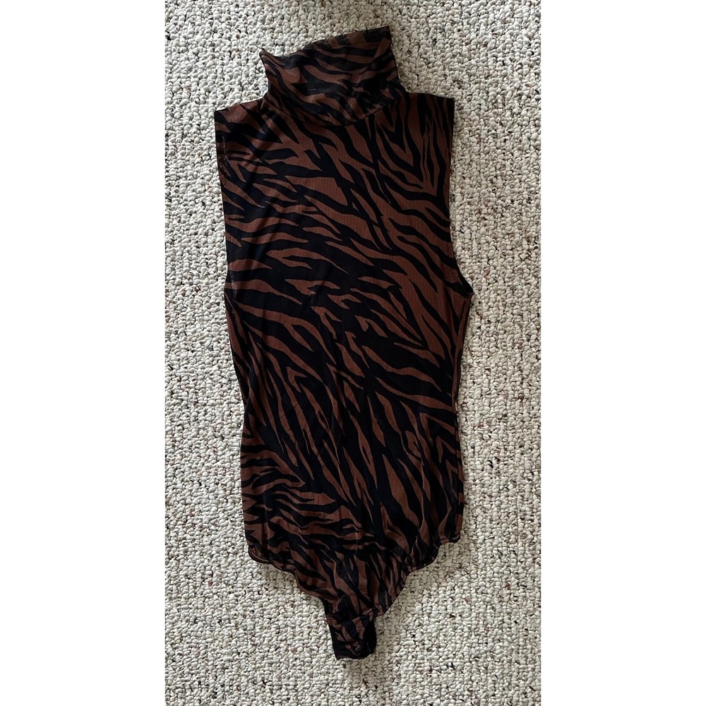 Intimately Free People Sheer Mesh Tiger Print Turtleneck Sleeveless Bodysuit XS